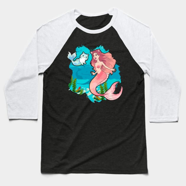 Cute & Funny Mermaid Cat Swimming Kitty Mermaidcat Baseball T-Shirt by theperfectpresents